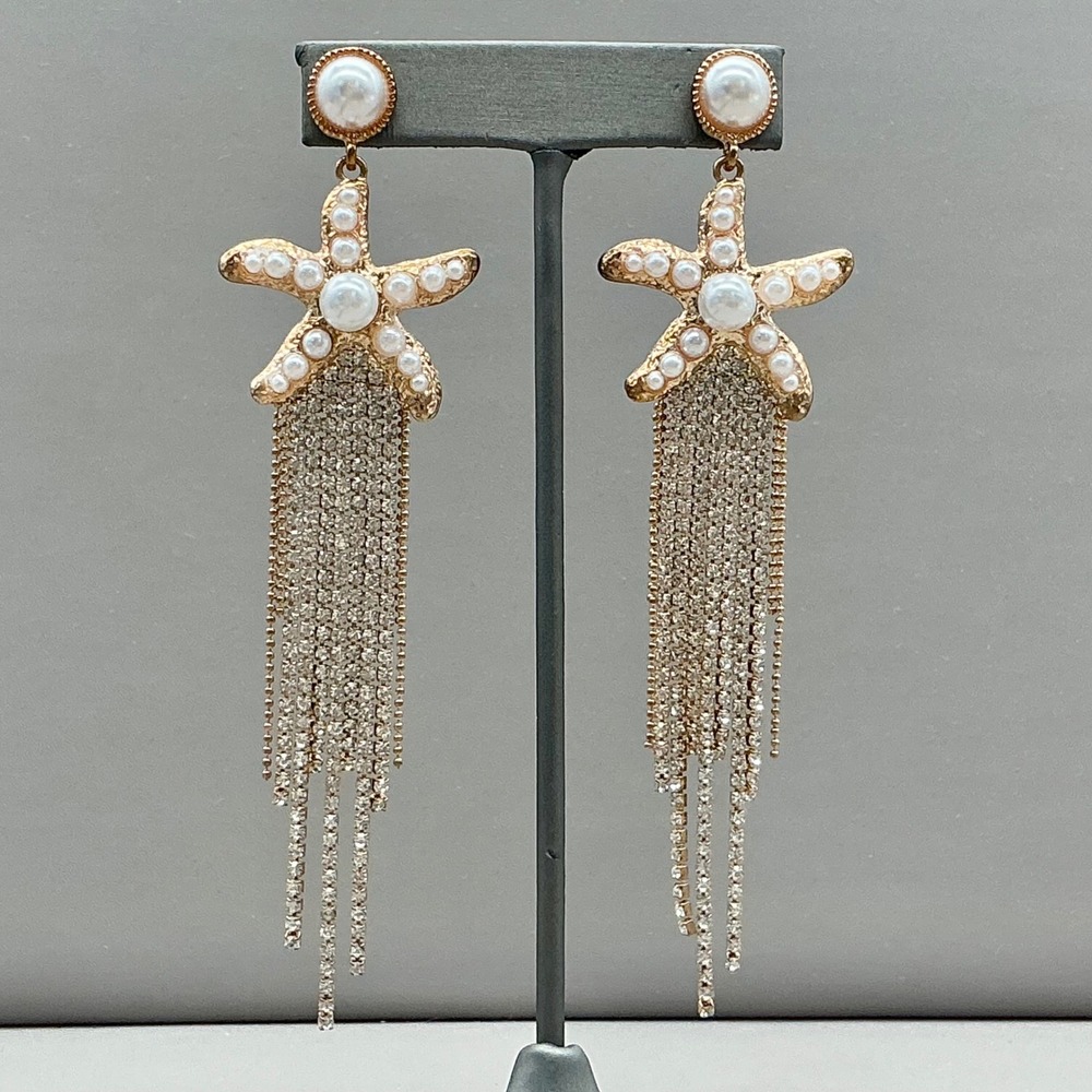 Starfish Tassel Earrings Gold Ton Faux Pearl Rhinestone Dangle Drop Jewelry